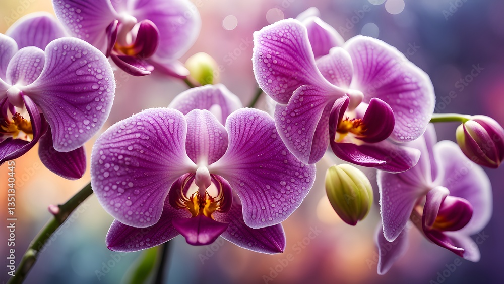 Close-up shot several vibrant purple phalaenopsis orchids water droplets their petals. Close-up shot several vibrant purple phalaenopsis orchids water droplets their petals.