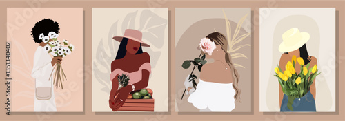 Set of different Abstract women portraits. Beautiful girls with flowers. Fashion vector illustration cartoon style isolated on neutral background. Templates for cards, posters, banners, t-shirt prints