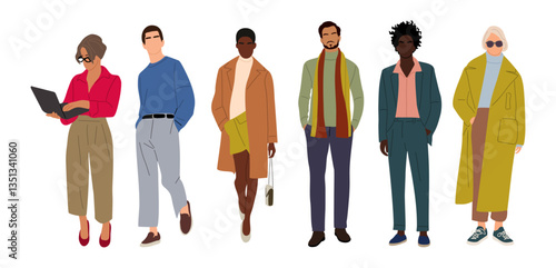 Set of business men and women wearing smart casual office outfit. People different races and ages standing in warm autumn clothes. Vector realistic illustrations isolated on transparent background.