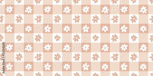 Brown warm neutral beige floral gingham plaid vector pattern background, seamless repeating wallpaper with daisy flowers