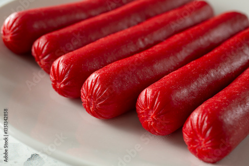 Canvas Print A closeup view of red hot dogs, on a plate.