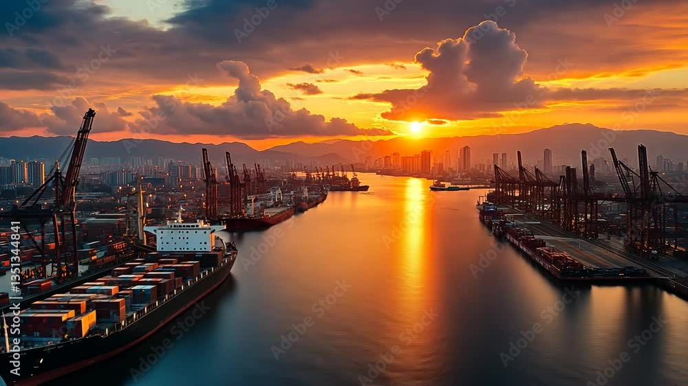 Sunset over a busy port harbor Sunset over a busy port harbor