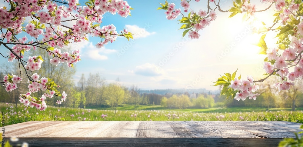 Naklejka premium Spring Cherry Blossoms over a Rustic Wooden Tabletop
