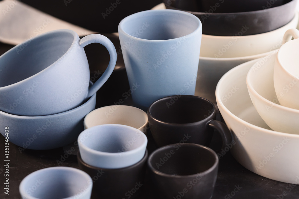 Matt ceramic handmade tableware in a workshop closeup