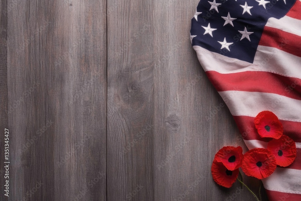 Obraz premium minimalistic stock photo of neatly folded american flag resting on rustic wooden table with soft natural light