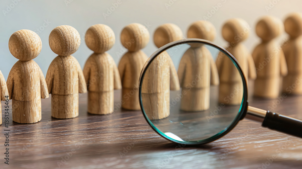 custom made wallpaper toronto digitalA magnifying glass focused on a series of wooden figures lined up on a wooden surface, highlighting the intricate details and craftsmanship of each piece, creating a sense of curiosity and precision.