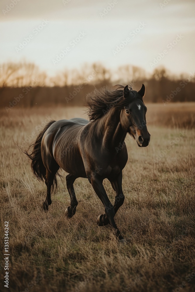 A black horse runs freely through a lush green grassy field A black horse runs freely through a lush green grassy field
