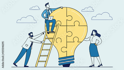 Teamwork and collaboration in business innovation, as professionals assemble a giant lightbulb puzzle, symbolizing creativity, problem-solving, strategy, and startup success 
