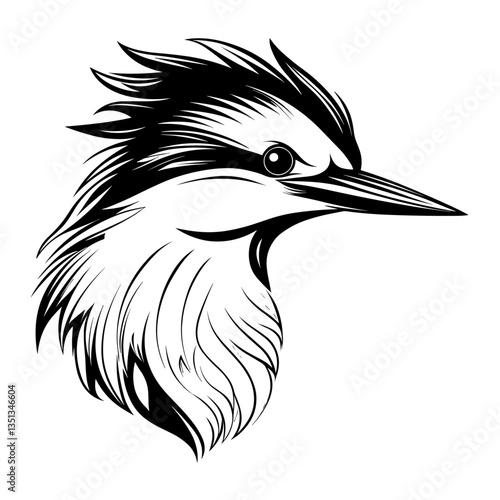 Detailed black and white illustration of a kingfisher head, perfect for graphic design and artistic projects.