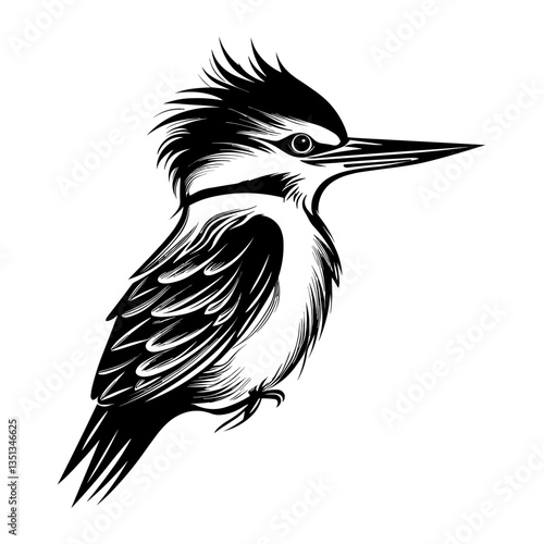 Detailed black and white illustration of a kingfisher head, perfect for graphic design and artistic projects.