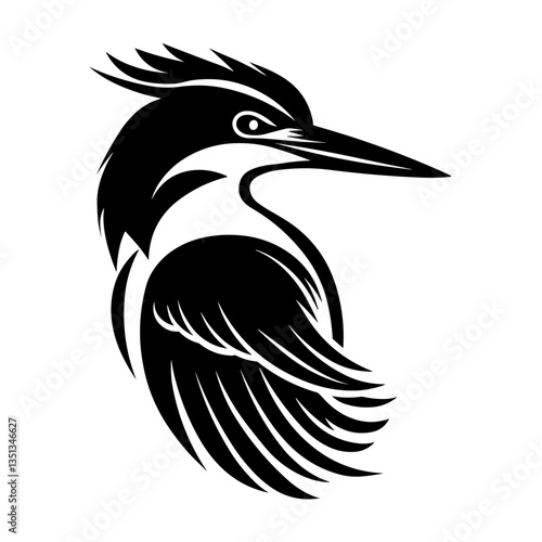 Detailed black and white illustration of a kingfisher head, perfect for graphic design and artistic projects.