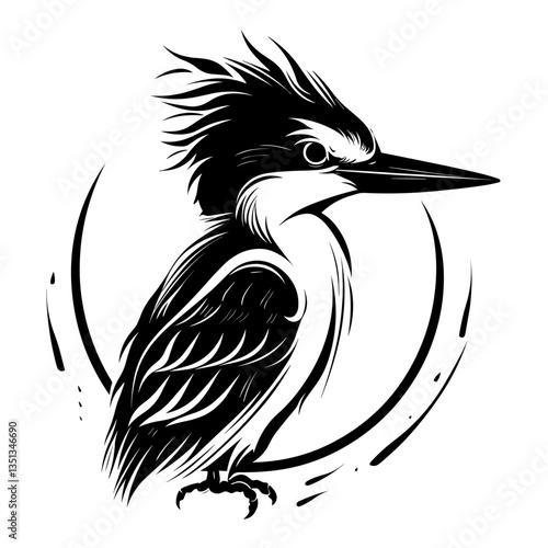 Detailed black and white illustration of a kingfisher head, perfect for graphic design and artistic projects.