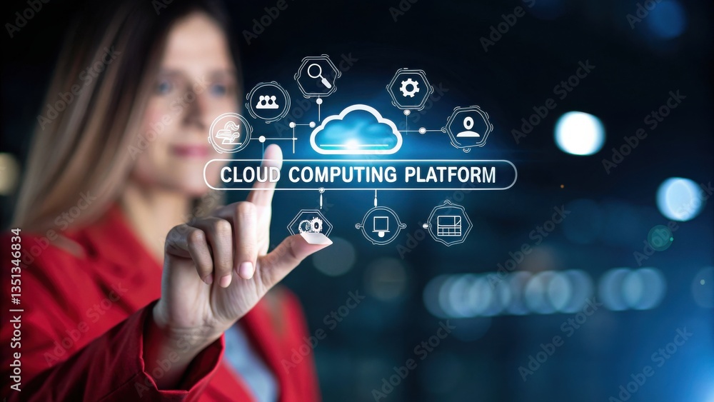 Cloud Computing Platform. Woman in red jacket interacts with a futuristic cloud computing interface, displayed as a glowing digital cloud with Cloud Computing Platform. Woman in red jacket interacts with a futuristic cloud computing interface, displayed as a glowing digital cloud with