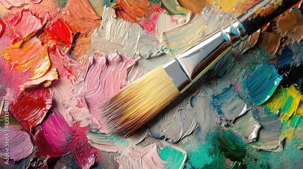 Fototapeta premium Single Paintbrush on a Gray Palette