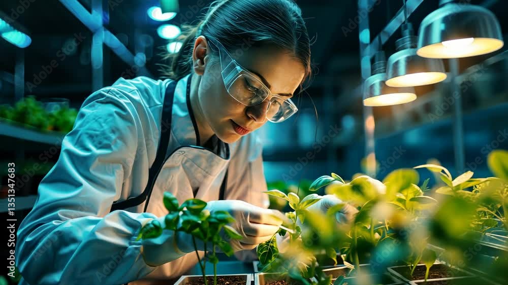 Scientist Examining Plants in a Controlled Environment Scientist Examining Plants in a Controlled Environment