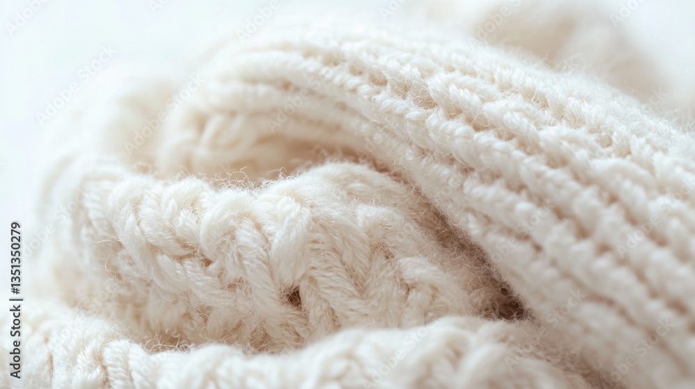 Soft cream knitted textile with cozy woolen texture in close-up detail Soft cream knitted textile with cozy woolen texture in close-up detail