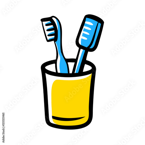 Bright yellow toothbrush holder with blue toothbrushes for modern bathroom organization and style