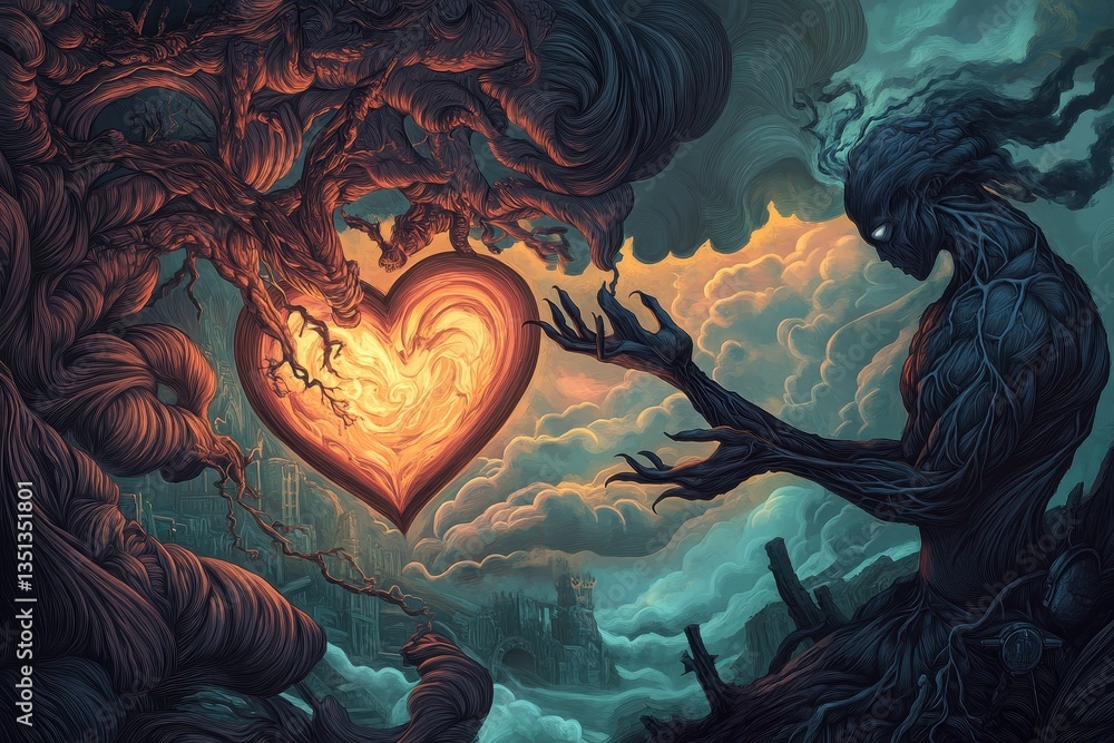 Obraz premium A mystical creature offers a glowing heart in a surreal landscape