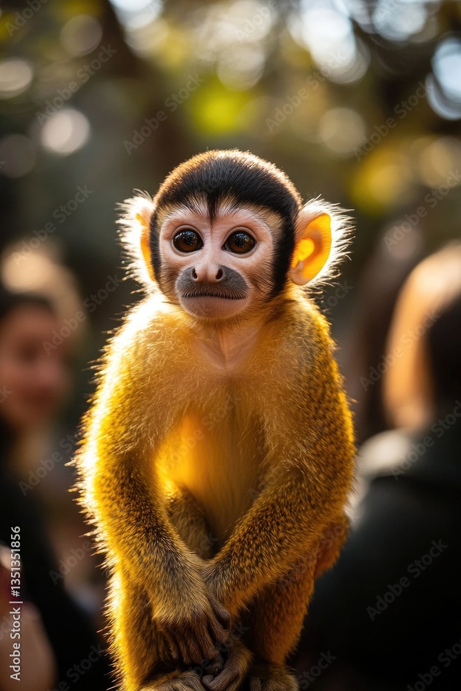 Obraz premium A monkey perched on the top of a wooden post, possibly in a forest or jungle environment