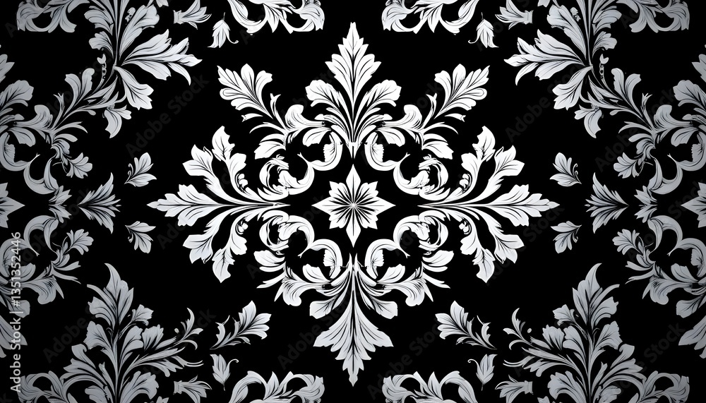 Elegant Black Floral Damask: Ornate Seamless Pattern with Intricate Monochrome Leaf Designs on Dark Background Elegant Black Floral Damask: Ornate Seamless Pattern with Intricate Monochrome Leaf Designs on Dark Background
