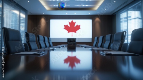 Modern conference room with canadian flag displayed on screen in elegant office setting