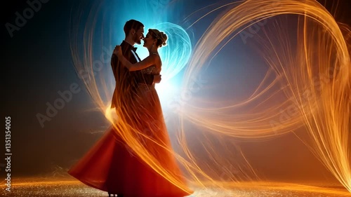 Passionate Couple's Silhouette Embrace Amidst Vibrant Light Trails