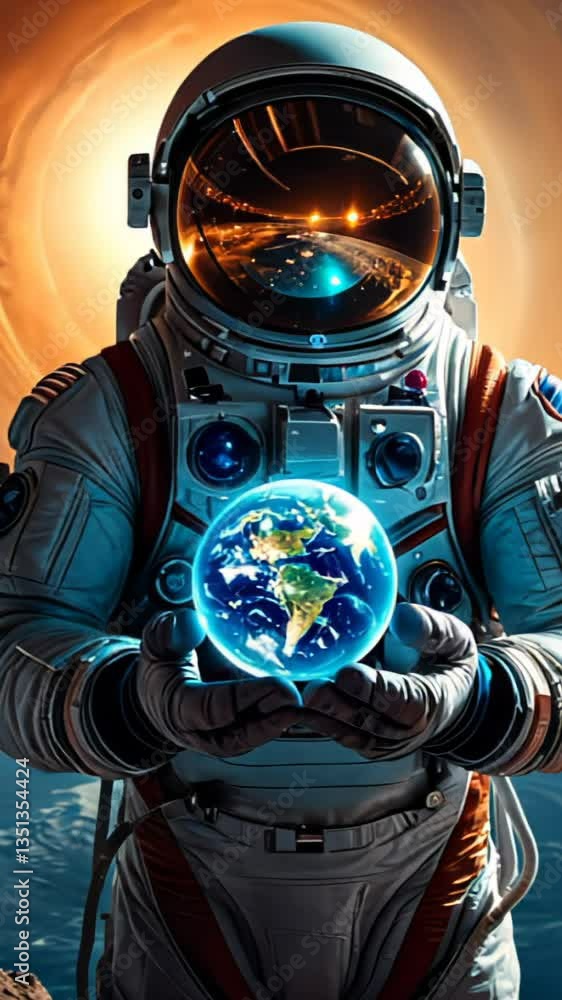 Astronaut in space suit holding holographic projection of Earth with dramatic backlight. Concept of technology and planetary protection Astronaut in space suit holding holographic projection of Earth with dramatic backlight. Concept of technology and planetary protection