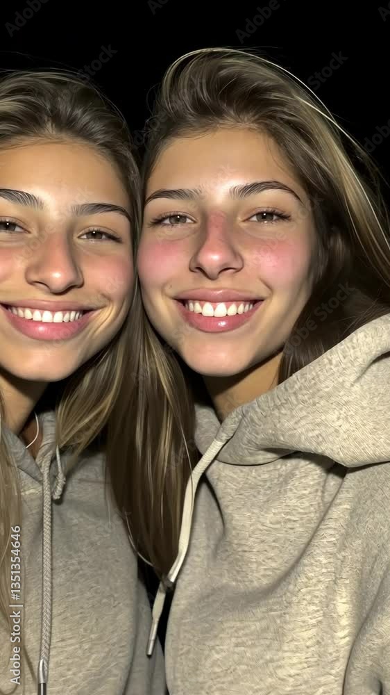 Smiling twins in matching hoodies pose for a close-up selfie during a night out with friends Smiling twins in matching hoodies pose for a close-up selfie during a night out with friends