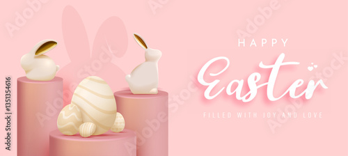 Happy Easter Day Design with Cute Bunny Vector Illustration. Egg Hunt Party Concept. Suitable for Poster Banner Flyer and Brochure Template	