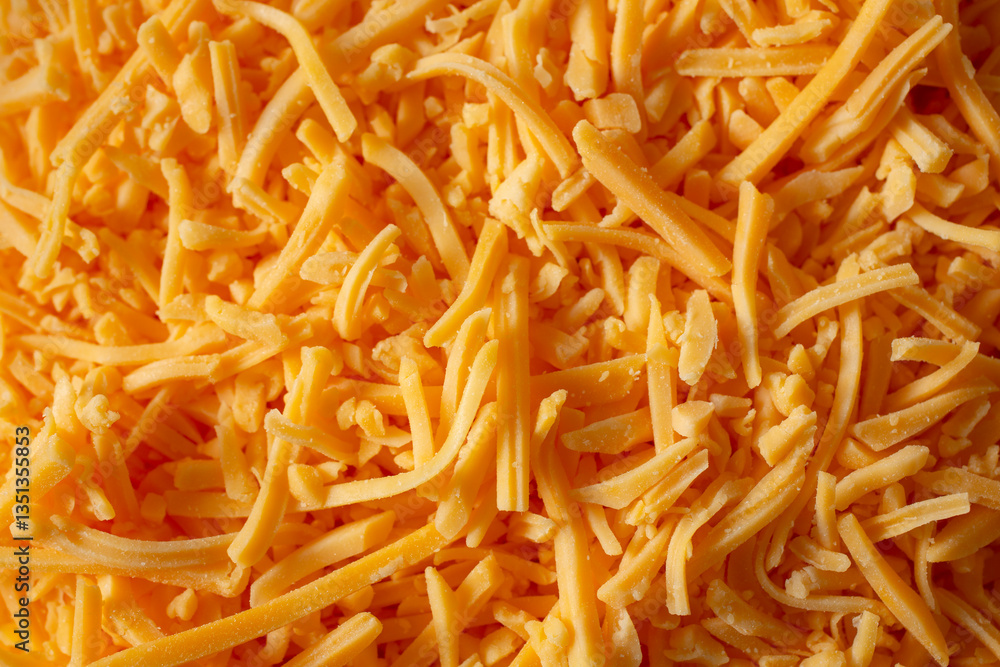 A top down view of a layer of shredded cheddar cheese, as a background.