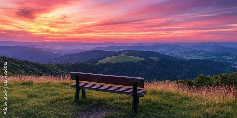 A cozy bench on a scenic mountain peak, offering a panoramic view of rolling green hills illuminated by a brilliant pink, orange, and purple sunset sky. A cozy bench on a scenic mountain peak, offering a panoramic view of rolling green hills illuminated by a brilliant pink, orange, and purple sunset sky.