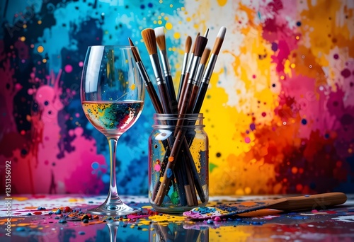 Art and wine night banner with paintbrushes, wine glasses, and creative splashes of color, ready to advertise summer sip and paint deals.