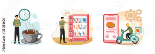 Coffee break concept. Vending machine. Food delivery service with scooter and online app interface.