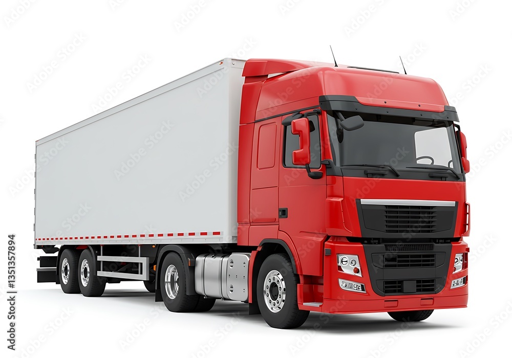 Red Semi Truck with White Cargo Trailer Modern Heavy Duty Freight Vehicle Red Semi Truck with White Cargo Trailer Modern Heavy Duty Freight Vehicle