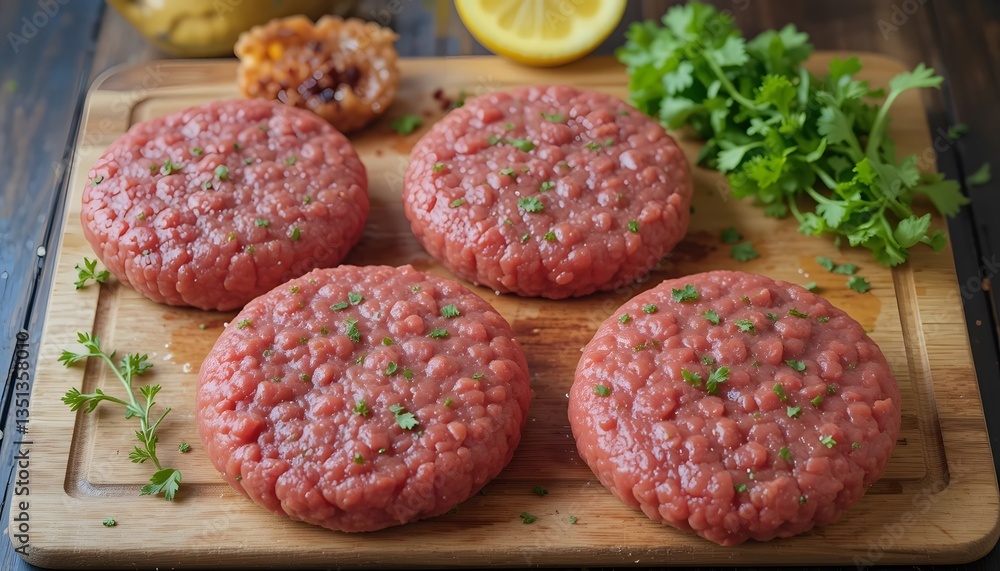 Freshly Prepared Hamburger Patties with Herb Garnish on Wooden Board Freshly Prepared Hamburger Patties with Herb Garnish on Wooden Board