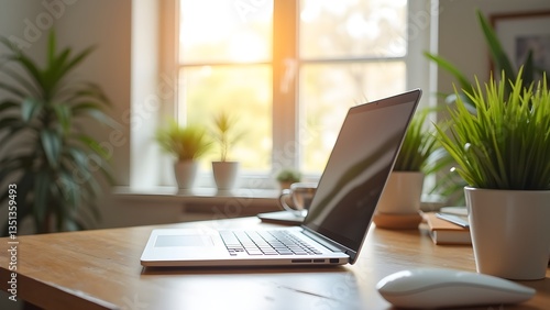 Wallpaper Mural Modern workspace featuring a laptop, desk, and plants, illuminated by natural light, for remote work Torontodigital.ca