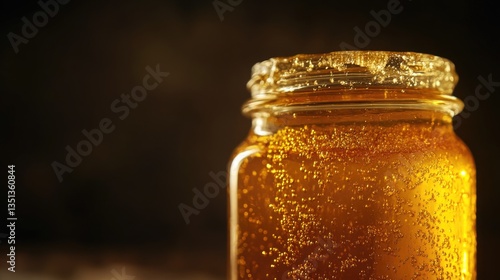 A jar of honey sits on top of a table, ready for use