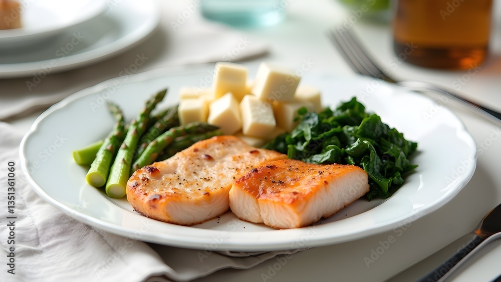 Grilled Chicken with Asparagus, Cheese and Spinach on a Plate - Delicious Meal Grilled Chicken with Asparagus, Cheese and Spinach on a Plate - Delicious Meal