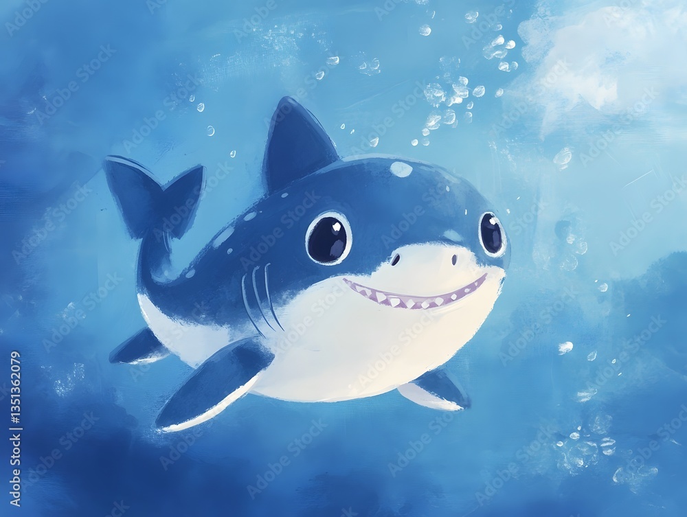 Obraz premium Cartoon Shark Swimming Underwater with Bubbles Illustration for Children