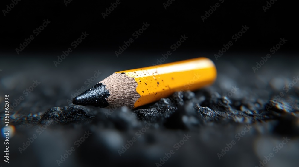Obraz premium Worn pencil on dark surface. Close-up of a used yellow pencil lying on a dark, textured surface. The graphite lead is visibly worn