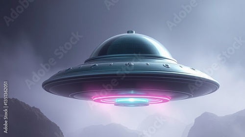 A mysterious alien spacecraft descends silently over a desolate, misty landscape, its vibrant pink and blue lights illuminating the eerie scene with a soft, ethereal glow.