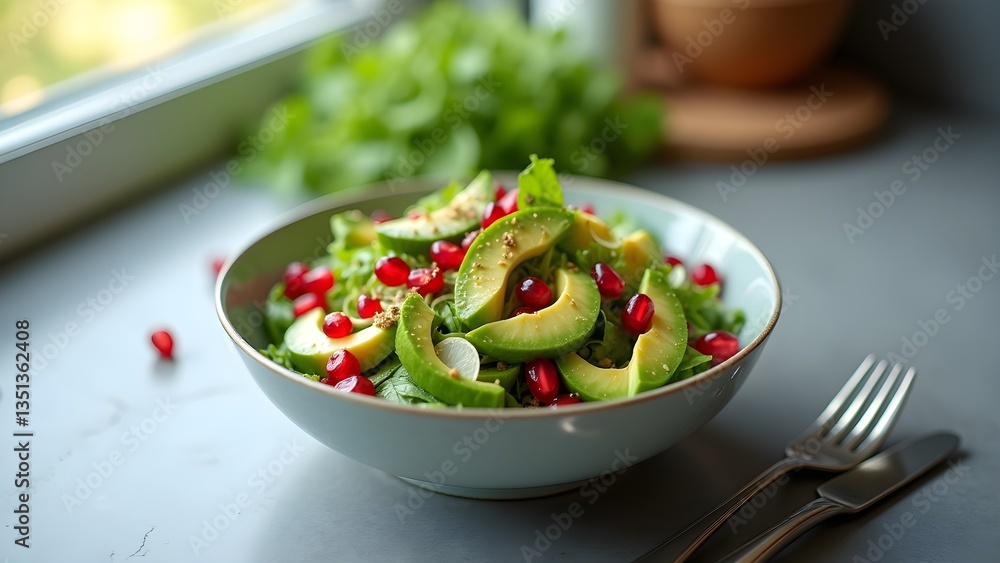 Fresh avocado and pomegranate salad in bowl for healthy vegan eating on table. Fresh avocado and pomegranate salad in bowl for healthy vegan eating on table.