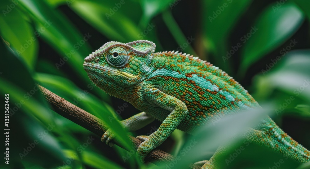 Fototapeta premium Chameleon Resting on Branch Surrounded by Green Foliage in Natural Habitat