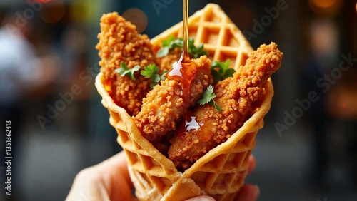 Mouthwatering fried chicken waffle cone drizzled with spicy maple syrup and fresh herbs