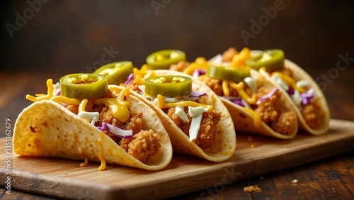 Innovative tacos with crispy popcorn chicken, spicy jalapeños, crunchy coleslaw, and honey mustard drizzle