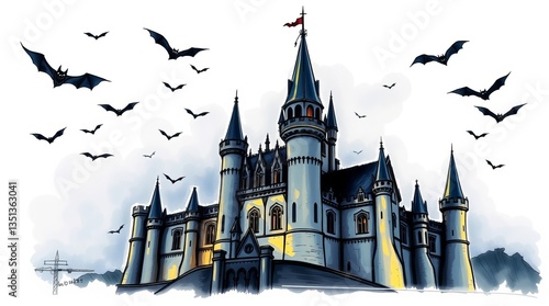 A mysterious, ancient castle shrouded in twilight, bats swirling around its majestic towers, hinting at secrets and legends within, rendered in a dramatic, painterly style.