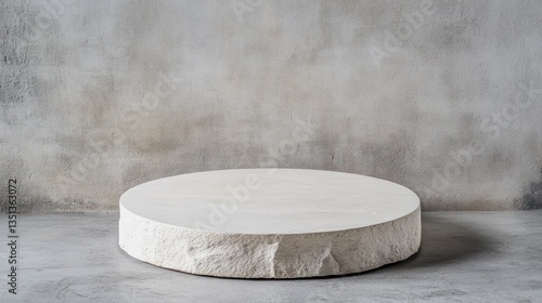 Round white stone pedestal on a textured gray concrete floor.  Ideal for product display