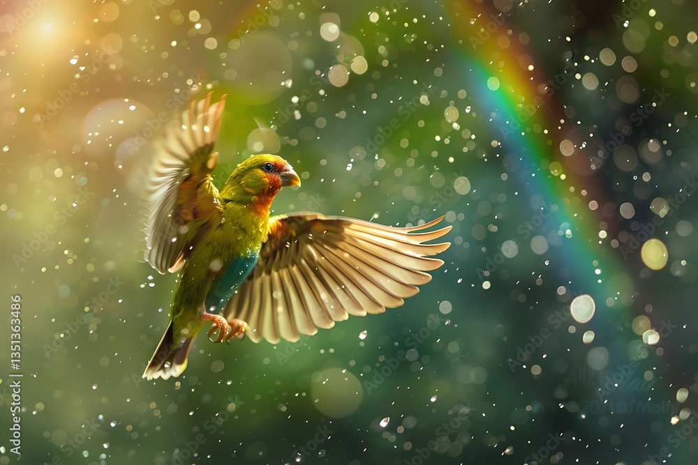 Fototapeta premium Playful bird flying through a rain shower, with droplets glistening on its feathers and a rainbow in the background