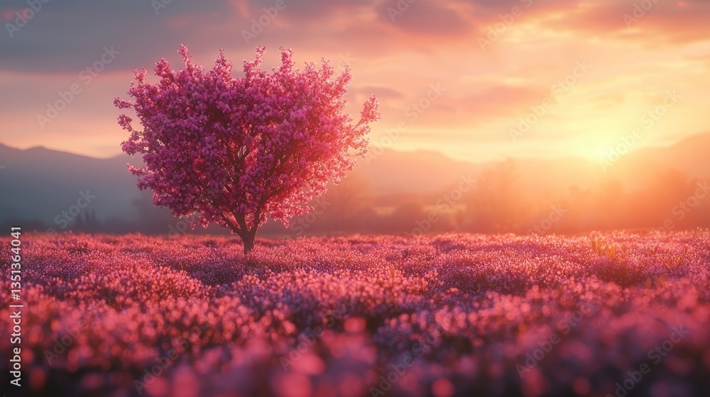 Pink blossom field sunset Pink blossom field sunset