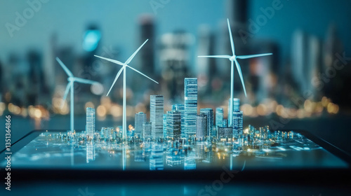 Innovative renewable energy models urban cityscape digital art evening environment aerial view sustainability concept